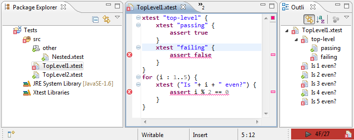 More complex tests in Eclipse with all views showing failures