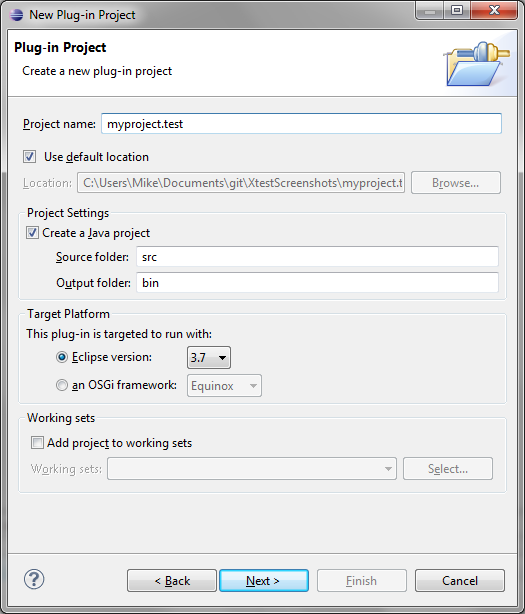 Second page of plugin project wizard