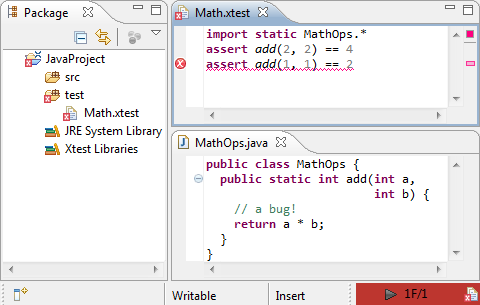 Eclipse shows an error with Xtest testing a multiply method with bug