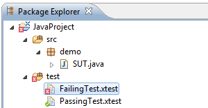 Eclipse package explorer showing passing and failing xtest file