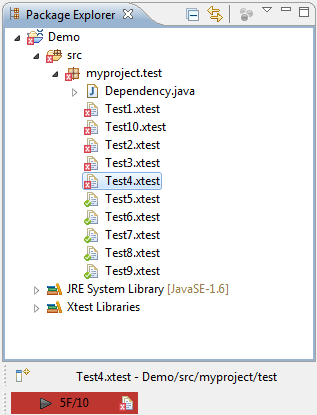 Package explorer and status bar with all tests complete and 5/10 failing