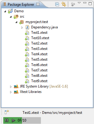 Package explorer and status bar with half the tests completed and passing